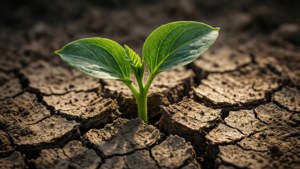 一棵小綠色植物穿過乾燥龜裂的土壤生長
