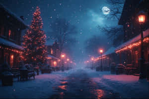 月光下，閃爍的紅色燈籠和裝飾的聖誕樹點綴的雪夜冬季街道。