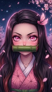 夜晚櫻花下，粉紅眼睛和竹製口塞的動漫女孩