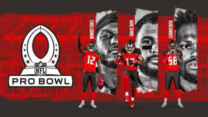 三名身穿紅色制服嘅NFL足球球員，背後有Pro Bowl標誌同肖像擺姿勢。