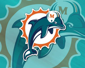 邁阿密海豚NFL球隊標誌，海豚戴頭盔在青綠色波浪背景上。