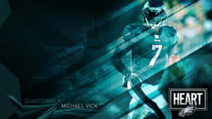 四分衛Michael Vick身穿老鷹隊球衣，手持美式足球，帶有發光的藍綠色條紋。