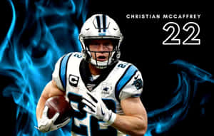 足球運動員Christian McCaffrey在藍色火焰背景下持球奔跑。