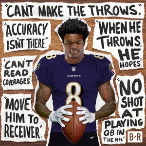 穿著 Ravens 球衣的足球運動員手持球，周圍有批評語句。