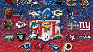 在有紋理的紅色和藍色背景上的NFL球隊標誌集合。