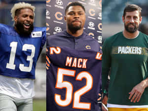 三名穿著隊服的NFL美式足球運動員在新聞活動中微笑。