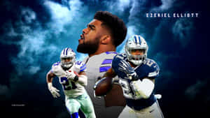 達拉斯牛仔隊球員 Ezekiel Elliott 在暴風雨天空背景下擺出三個動作姿勢。