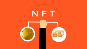 手拿天平平衡NFT硬幣與現金和美元鈔票。