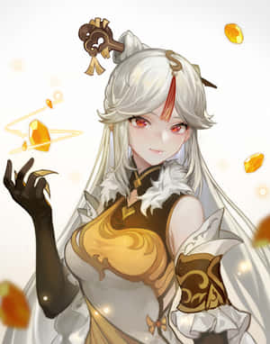 銀髮紅眼嘅動漫少女召喚發光金色水晶。 — 原神 壁紙
