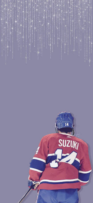 冰球運動員Suzuki 14號身穿紅色球衣，在夜晚閃爍燈光下拿著球桿。 — iPhone 18 Pro 壁紙