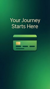 綠色漸變背景，帶有信用卡圖標和文字「你的旅程從這裡開始」。 — iPhone 5 壁紙