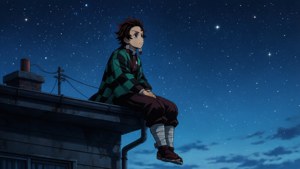 動漫男孩坐在星空下的屋頂上