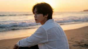 年輕男子獨自坐在沙灘上，在金色夕陽下觀看大海