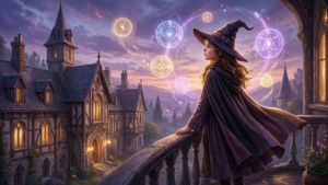 年輕女巫在黃昏時從城堡陽台施放發光的魔法符文。