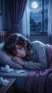 一個悲傷的動漫女孩在月光下睡覺，床邊有紙巾。
