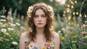 年輕女子在陽光明媚的花園中戴著花冠，伴隨著仙女燈光。