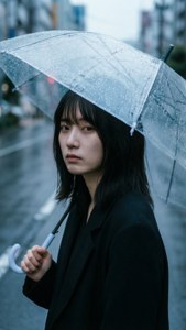 女子在雨中城市街道手持透明雨傘，身穿黑色外套