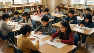 孩子們在學校書桌前微笑寫筆記。