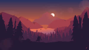 一個人的剪影，在夕陽下俯瞰山湖，伴隨著發光的月亮。