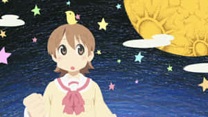 動漫女孩穿校服在星空下，有月亮和鳥在頭上