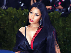 Nicki Minaj 在紅地毯活動中穿著帶有紅色點綴的黑色緞面連衣裙。