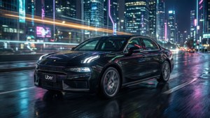 黑色Uber車在夜間霓虹燈下行駛在潮濕的城市街道上