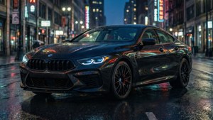 黑色BMW M8 Coupe停在夜間濕漉漉的城市街道上，反射霓虹燈光