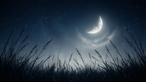 高草的剪影映襯著繁星點點的夜空，一彎新月閃閃發光。