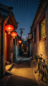 夜晚狹窄小巷，紅色燈籠照亮，磚牆旁自行車，星空下