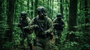 三名身穿迷彩裝備的武裝士兵佩戴夜視鏡在茂密森林中移動。