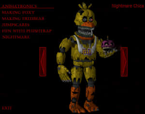 Nightmare Chica 機械玩偶在一個有紅色文字和出口標誌的黑暗房間中拿著一個頭部。 — 幻覺 壁紙