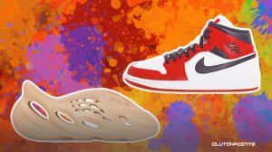 紅白色Jordan 1和米色Yeezy Boost運動鞋在色彩繽紛的抽象背景上。