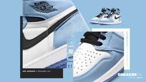Air Jordan 1 波鞋，淺藍、白色和黑色，細節紋理及品牌標誌。