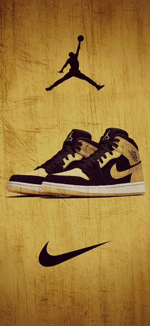 黑色和金色的Jordan 1運動鞋，帶有Jumpman和Nike標誌，背景為紋理金色。 — Air Jordan GIF 壁紙