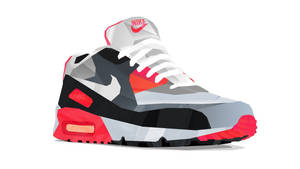幾何風格的 Nike Air Max 運動鞋插圖，帶有紅、黑、白配色。 — 卡通鞋 壁紙