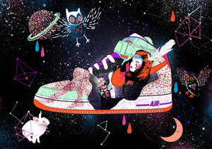 女孩在巨型運動鞋中休息，周圍有宇宙生物和星星 — 型格 Nike 壁紙