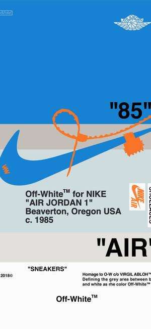 Off-White for Nike Air Jordan 1 1985 聯名圖形，藍色勾勾與橙色縫線。