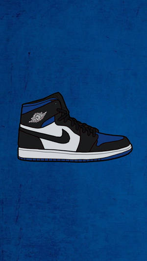 在帶有紋理的藍色背景上，黑色、藍色和白色的 Jordan 1 運動鞋插圖。