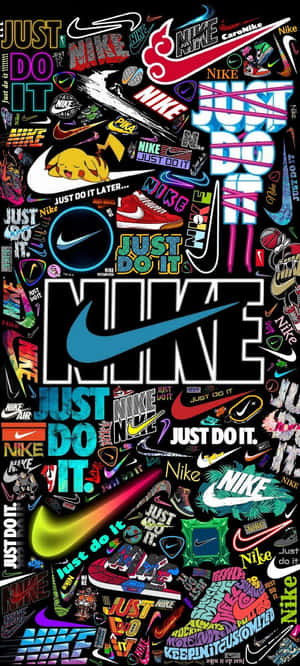 在黑色背景上，帶有口號和運動鞋的充滿活力的Nike標誌拼貼畫。