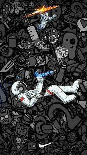 太空人在帶有Nike品牌標誌的密集黑白塗鴉背景中漂流。