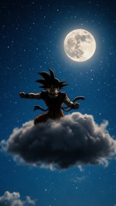 動漫角色在滿月下的雲上，繁星點點的夜空