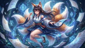 動漫九尾狐女孩在神奇的宇宙空間中漂浮，周圍有發光的符號和紙張。