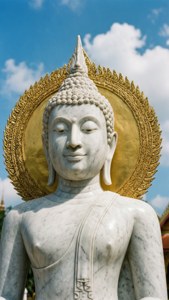 寧靜的白色大理石佛像，帶有金色光環，襯托藍天白雲。