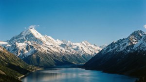 白雪覆蓋的山峰在清澈的藍天下倒映在平靜的高山湖泊中。