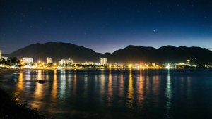 星空下，城市燈光與山脈倒映在水面上。