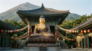 韓國寺廟中的金色佛像，背景有彩色燈籠和山脈