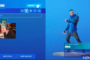Fortnite 角色自訂畫面，顯示 Ninja 的藍色服裝和直播串流。