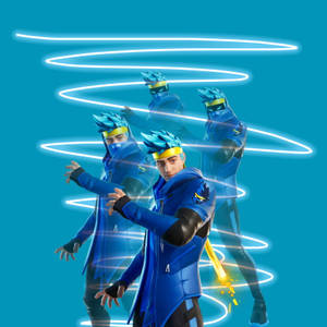 Fortnite忍者角色穿著藍色裝備旋轉，帶有發光的能量軌跡。
