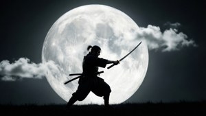 忍者戰士在滿月下持刀擺出戰鬥姿勢