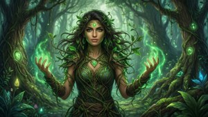 一個擁有葉狀頭髮和發光藤蔓的女人在神秘的森林中傳遞魔法。